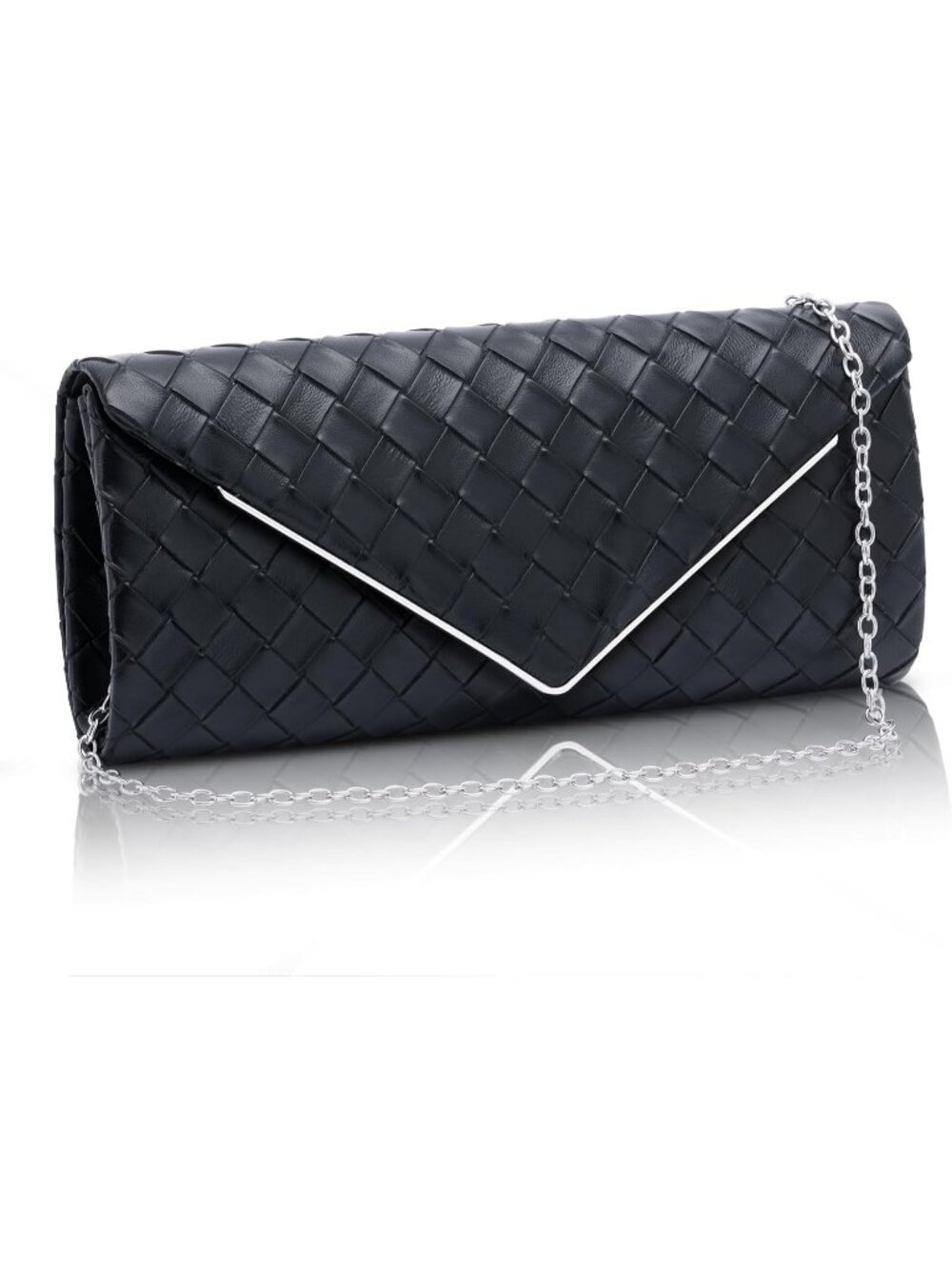 Women's Black Woven Sparkling Envelope Purse Detachable Chain Evening Bag